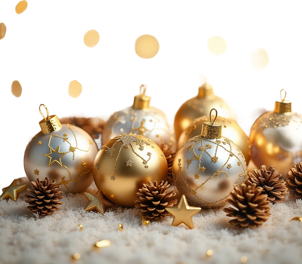 Golden Christmas Ornaments and Pinecones